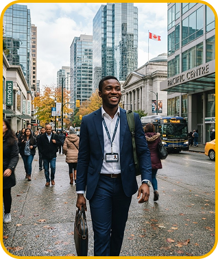 A smiling professional with a lanyard and briefcase walking down a Canadian city street.