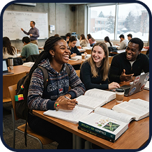 Students studying together at a table in a bright classroom.