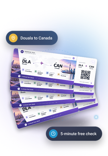Boarding pass from Douala (DLA) to Canada (CAN). Passenger: You. Status: Permanent Resident. Languages: English and French. Travelling with: your family. 5-minute free check.