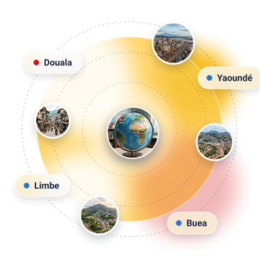 A globe at the center of an orbit linking our offices in Douala, Yaoundé, Buea and Limbe.